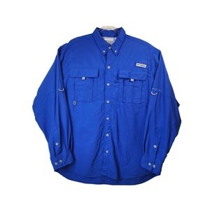 Columbia PFG Fishing Shirt Large Blue Omni-Shade Long Sleeve Button Up Utility